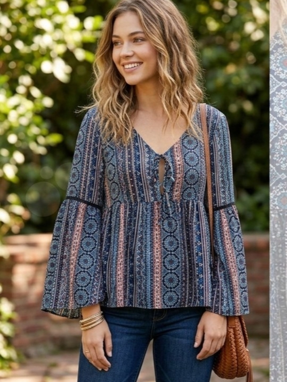 Cielo Boho Geometric Pattern Babydoll Blouse Size S Long Bell Sleeve Keyhole
